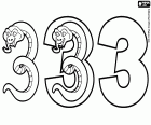 Three versions of the number three with a very aggressive snake