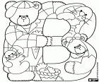 The letter B formed by a couple of bears with two rabbits and a basket of carrots