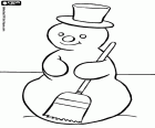 A cute snowman wearing a top hat and a broom