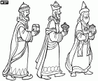 The three Magi from the East in a single file, one behind the other, with their gifts for the Christ child in the hands