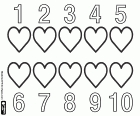 With our coloring sheet with ten hearts learn to count from one to ten