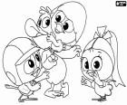 In this image for coloring we can see the little chicken Calimero playing with his three best friends, Valeriano, Priscilla and Piero