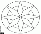 A circular mandala with an eight-pointed star and a small circle in the center