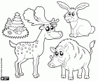 Coloring page with three animals of the forest as a moose, a wild boar and a hare