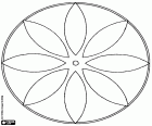 A geometric circular mandala resembling a flower with eight petals and small circle in the center