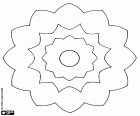 A mandala of a flower consisting in three concentric rings with various forms and a small central circle
