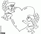 Two angels of love, two Cupids on the sides of a big heart for lovers. A gift for Valentine's day
