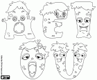 The five vowels of the monsters's alphabet. The letters A, E, I, O and U are funny monsters to coloring
