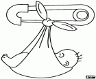 Representation of a newborn baby within a scarf hanging from a safety pin