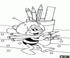 Maya the bee with the pencils to draw. Maya loves draw and color