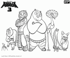 A portrait of all the Kung Fu masters with the panda Po in front. On the left we can see Master Mantis, Master Monkey and Master Tigress; on the right, Master Crane, Master Viper and Master Shifu. All of them are the main protagonists of Kung Fu Panda 3