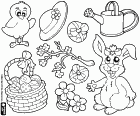 A set of drawings on the secular Easter traditions. An Easter chick, some Easter eggs, an Easter Bunny along with items related to the spring