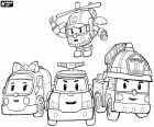 The four main characters of Robocar Poli: Robovan Amber, Robocopter Helly, Robotruck Roy and Robocar Poli