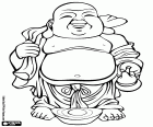 A smiling Buddha standing with a big belly, a sack to the back and chinese gold ingots