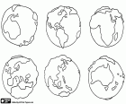 Representation of the six continents of our planet: Antarctica, America, Africa, Europe, Asia and Oceania