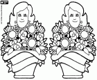A double drawing for the mother's day. Two moms with two baskets filled with flowers for the mother's day celebration
