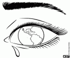 An eye with a tear and with our planet as the iris. The great concern about the future of the planet