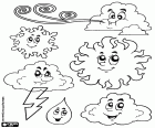 A set of meteorological phenomena: a cloud with the wind, a snowflake, Sun, a storm cloud, a drop of rain, and a cloud
