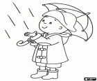 Caillou and the rain. Caillou sees that it is beginning to rain. The child is fully equipped for the rain with umbrella, raincoat, boots of water and hat