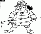 The fireman with a hose that has problems with the water