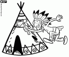 A man of the indigenous peoples of North America. A man dancing near his teepee
