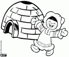 The eskimo peoples living in the Arctic. A happy eskimo near his home, an igloo