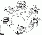 A coloring page of an adventure through some of the traditions and indigenous peoples around the world. This is a great journey that begins in Russia, the largest country in the world. Also passes through sub-Saharan Africa, the Native America, Japan the country of the rising sun, the Arctic continent of Eskimos and ends in the Ukraine of the Cossacks