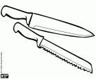 Two kitchen knives. A knife to cut bread. A large sharp knife. Knives are cooking utensils and tools used in other activities