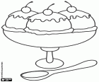 Three large ice cream balls with special syrup and three decorative cherries in a cup with a spoon ready to eat
