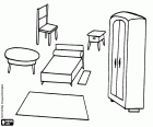 Set of furniture for a house: a Chair, a table, a bed, a bedside table, a rug and a wardrobe