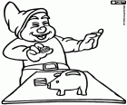 A dwarf laughing out loud with the coins and the pig money box on the table