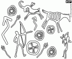 A coloring page with varied graphics typical of prehistory. The main theme of the prehistoric icons are the huntings
