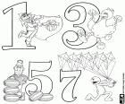 Four first odd numbers with the Sesame Street characters: one, three, five and seven