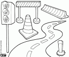 A road and other various objects that can be found on a road trip, from a traffic light to provisional signals