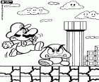 A scene of a Super Mario videogame. The protagonist is Mario jumping over his enemy Goomba under the gaze of smiling clouds