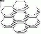 The wax cells of a honeycomb. The worker bees are the constructors of the alveoli, the hexagonal prisms used for the storage of honey and pollen, also for eggs and larvae