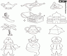 Twelve drawings of the characters and elements from the story of Aladdin and his wonderful lamp