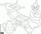 The genius of the wonderful lamp, the treasures and the flying carpet
