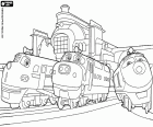 Three locomotives coming out from the Chuggington station, they are Brewster, Wilson and Koko