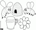 A flower, the bees, a hive and a honey jar. The harvest of honey is an activity carried out from prehistoric times. Beekeeping is the raising of bees