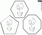 Three regular polygons with a big smile, a pentagon, a hexagon and an octagon