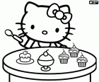 Hello Kitty with a spoon in her hand ready to eat some delicious cupcakes. Hello Kitty loves sweets, she is very greedy