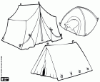 Three kinds of tents for camping. A large family tent that allows be standing inside, a Canadian tent and a dome tent or igloo tent