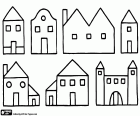 A collection of simple drawings of different houses of a village