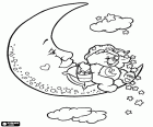 Bedtime bear, a Care Bear with nightcap sitting on the moon while throws stars at the night sky