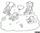 Four care bears in the playtime hour, they are playing on the clouds with the swings and the hearts