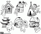 The coloring page with the six protagonists of a particular journey around the world. The characters and their traditional houses