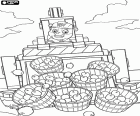 The dog Rubble has problems at the wheel of an agricultural machine loaded with baskets of the apple harvest. A scene from the adventures of Paw Patrol