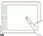 A tablet in horizontal position with an index finger on the touch screen