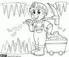 The miner in the interior of a mine with bats, stalagmites and stalactites